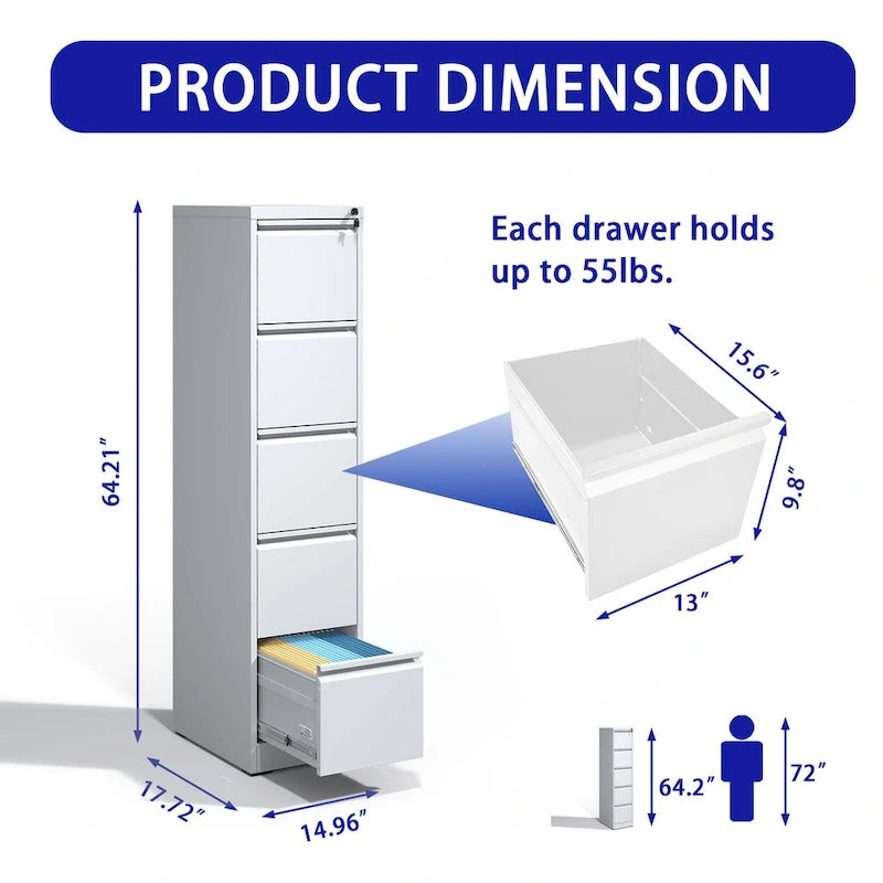 5 Drawer Metal Vertical File Cabinet with Lock for A4 Letter Legal Size