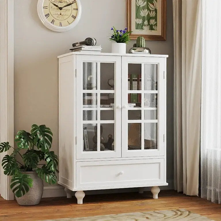 White Buffet Cabinet with Double Glass Doors Drawer and Adjustable Shelf