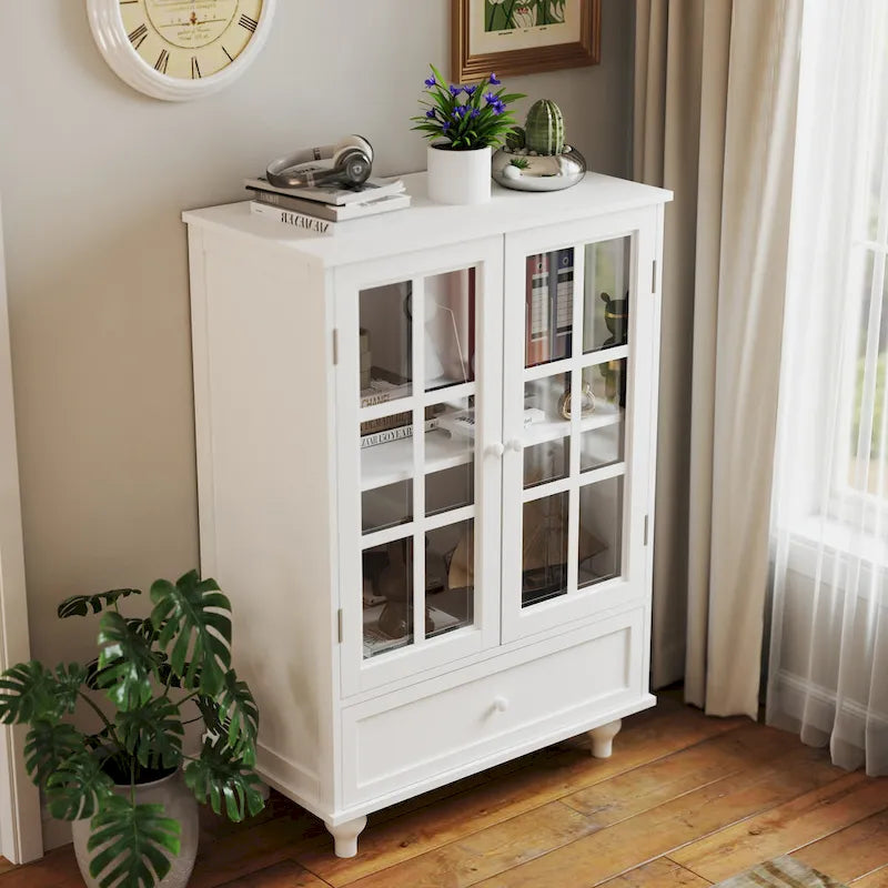 White Buffet Cabinet with Double Glass Doors Drawer and Adjustable Shelf