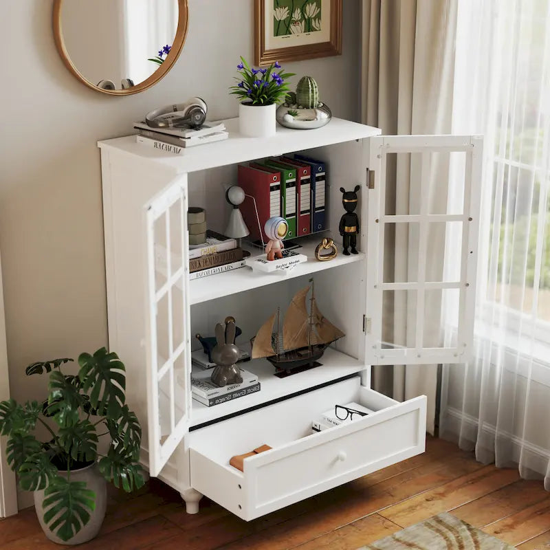 White Buffet Cabinet with Double Glass Doors Drawer and Adjustable Shelf