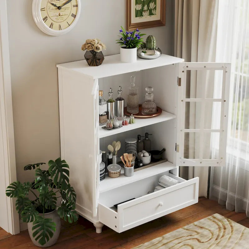 White Buffet Cabinet with Double Glass Doors Drawer and Adjustable Shelf
