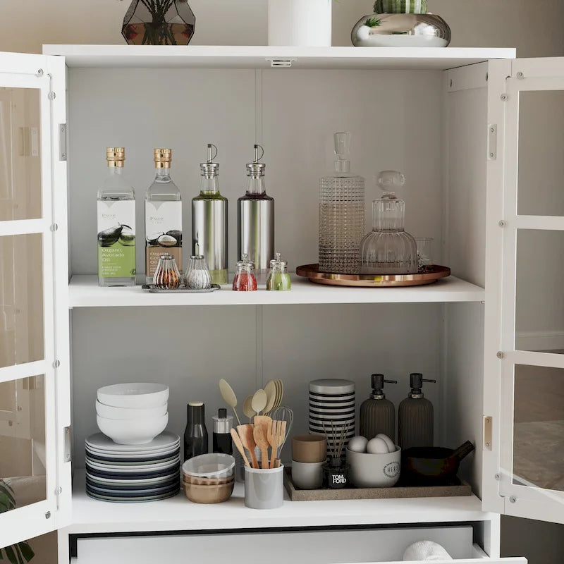 White Buffet Cabinet with Double Glass Doors Drawer and Adjustable Shelf