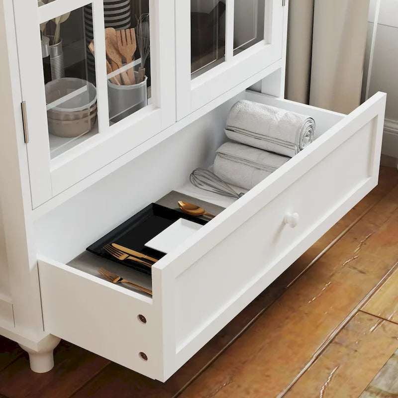 White Buffet Cabinet with Double Glass Doors Drawer and Adjustable Shelf