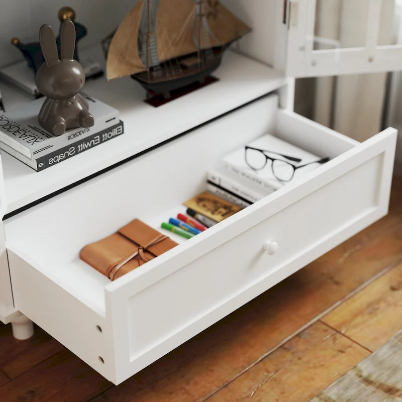 White Buffet Cabinet with Double Glass Doors Drawer and Adjustable Shelf