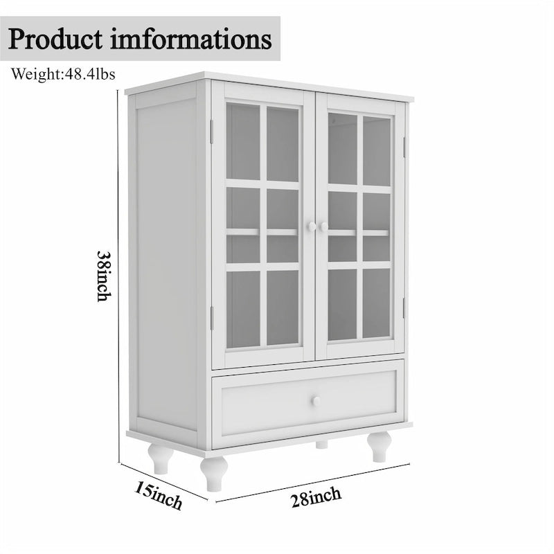 White Buffet Cabinet with Double Glass Doors Drawer and Adjustable Shelf