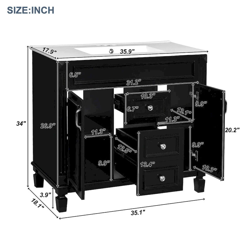36 in. Bathroom Vanity Cabinet with Sink 2 Soft Close Doors and 2 Drawers