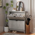 Slim Shoe Cabinet with 2 Flip Drawers Fluted Doors and Solid Wood Legs for Entryway