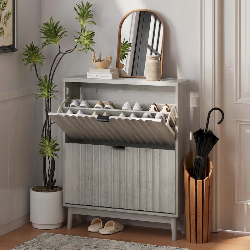 Slim Shoe Cabinet with 2 Flip Drawers Fluted Doors and Solid Wood Legs for Entryway