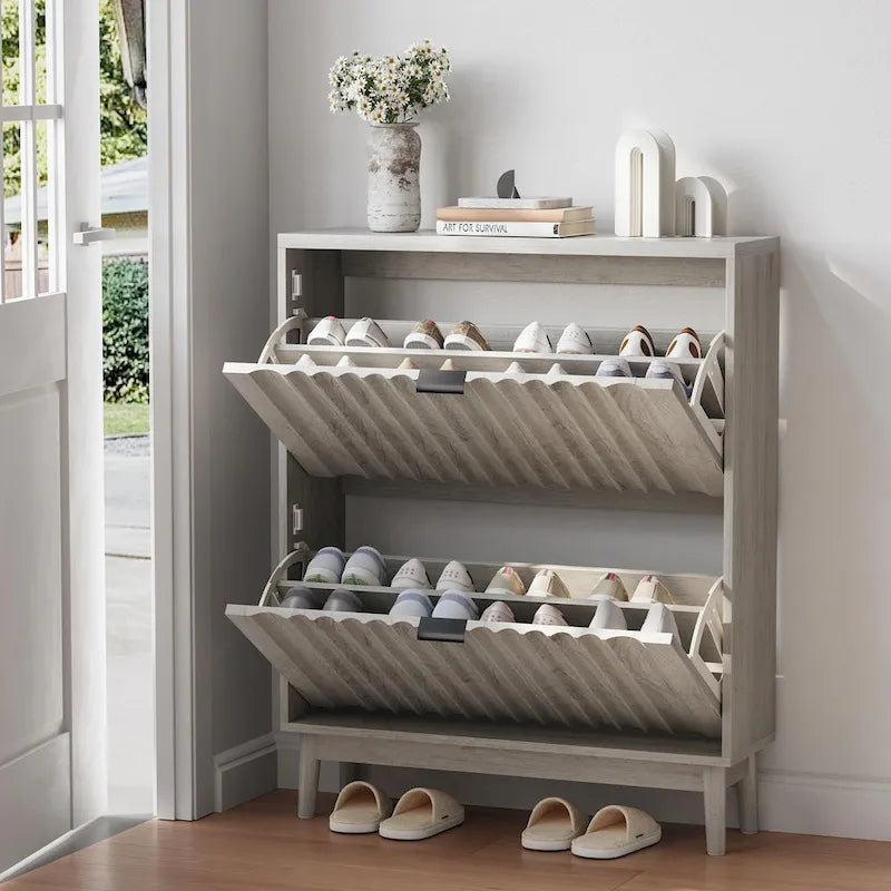 Slim Shoe Cabinet with 2 Flip Drawers Fluted Doors and Solid Wood Legs for Entryway