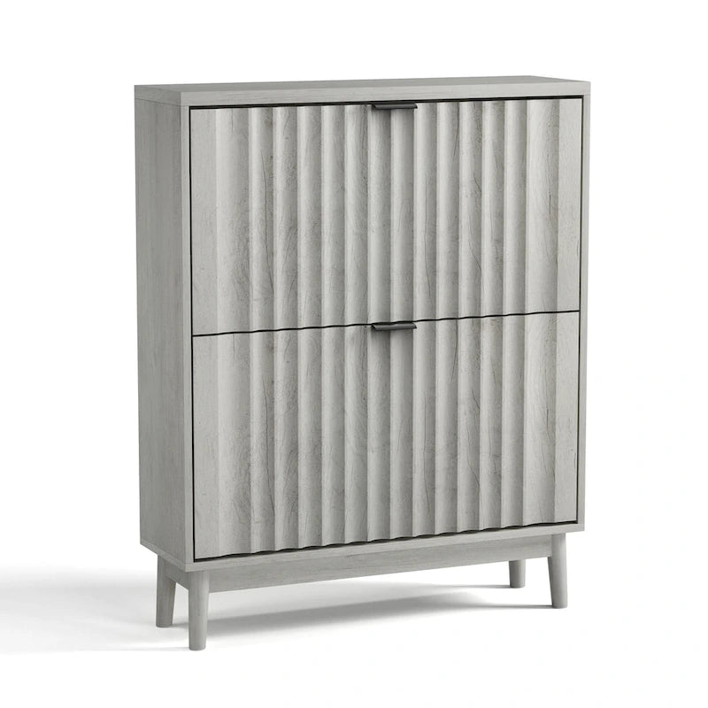 Slim Shoe Cabinet with 2 Flip Drawers Fluted Doors and Solid Wood Legs for Entryway