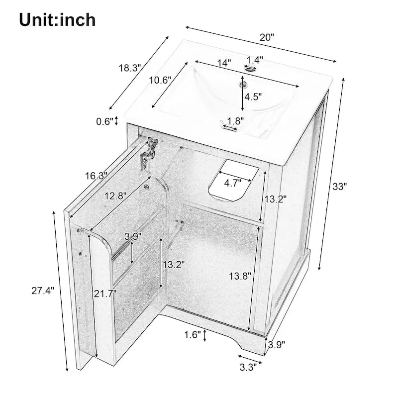 20 in. Bathroom Vanity Cabinet with Ceramic Sink Soft Close Door Single Hole Faucet