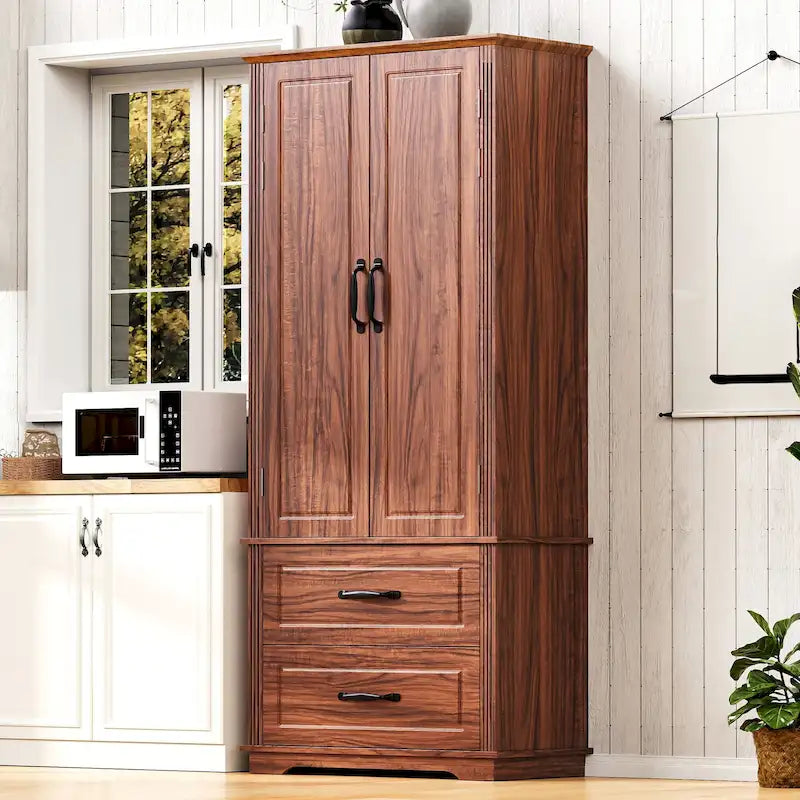 71 in. Tall Kitchen Pantry Cabinet with 2 Drawers 6 Compartments and Door Shelves