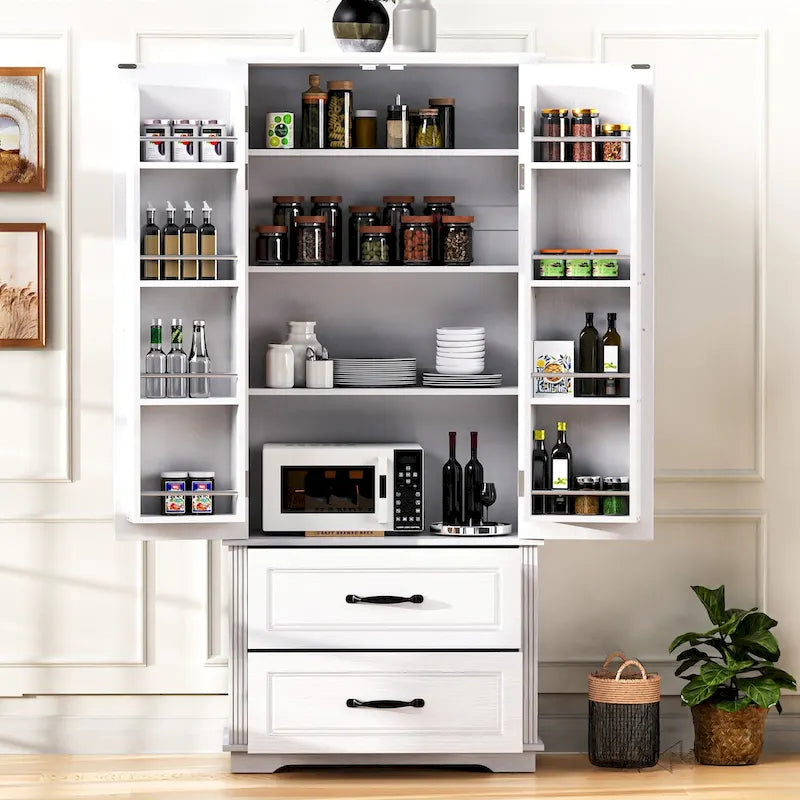 71 in. Tall Kitchen Pantry Cabinet with 2 Drawers 6 Compartments and Door Shelves
