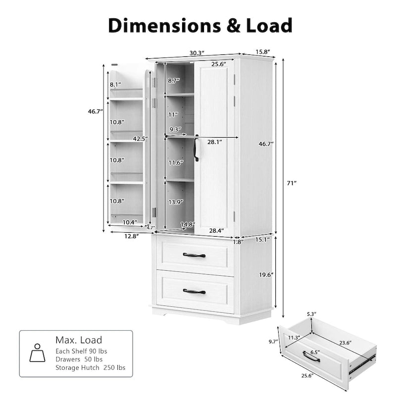 71 in. Tall Kitchen Pantry Cabinet with 2 Drawers 6 Compartments and Door Shelves