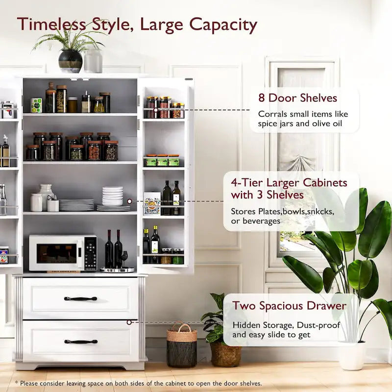 71 in. Tall Kitchen Pantry Cabinet with 2 Drawers 6 Compartments and Door Shelves