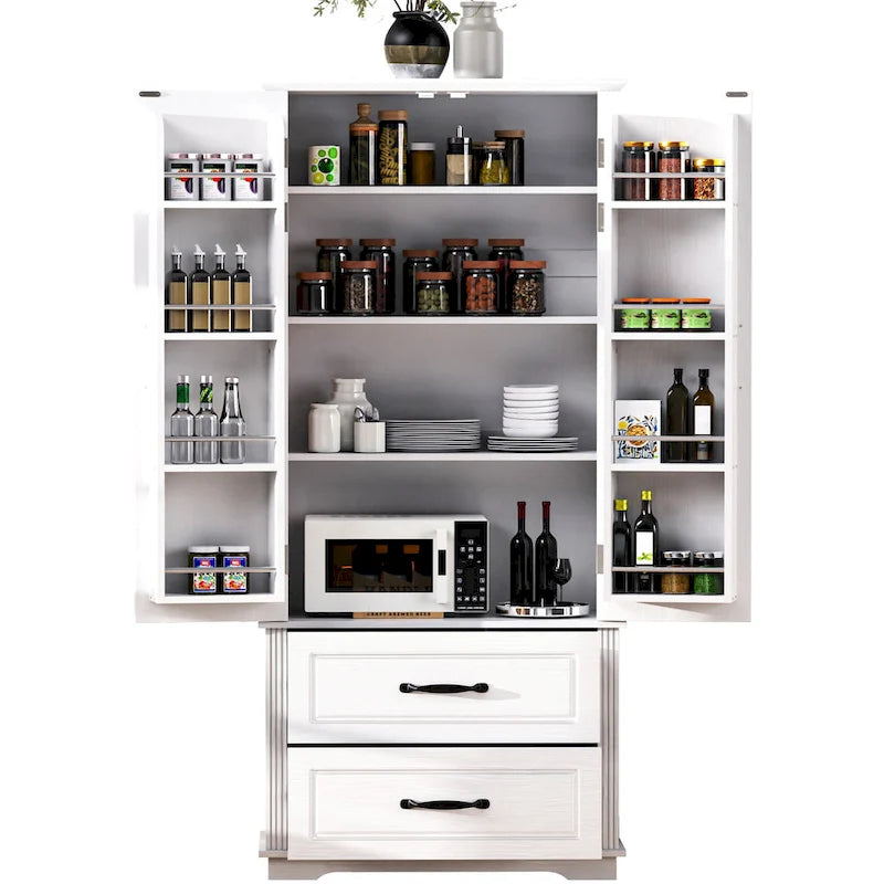 71 in. Tall Kitchen Pantry Cabinet with 2 Drawers 6 Compartments and Door Shelves
