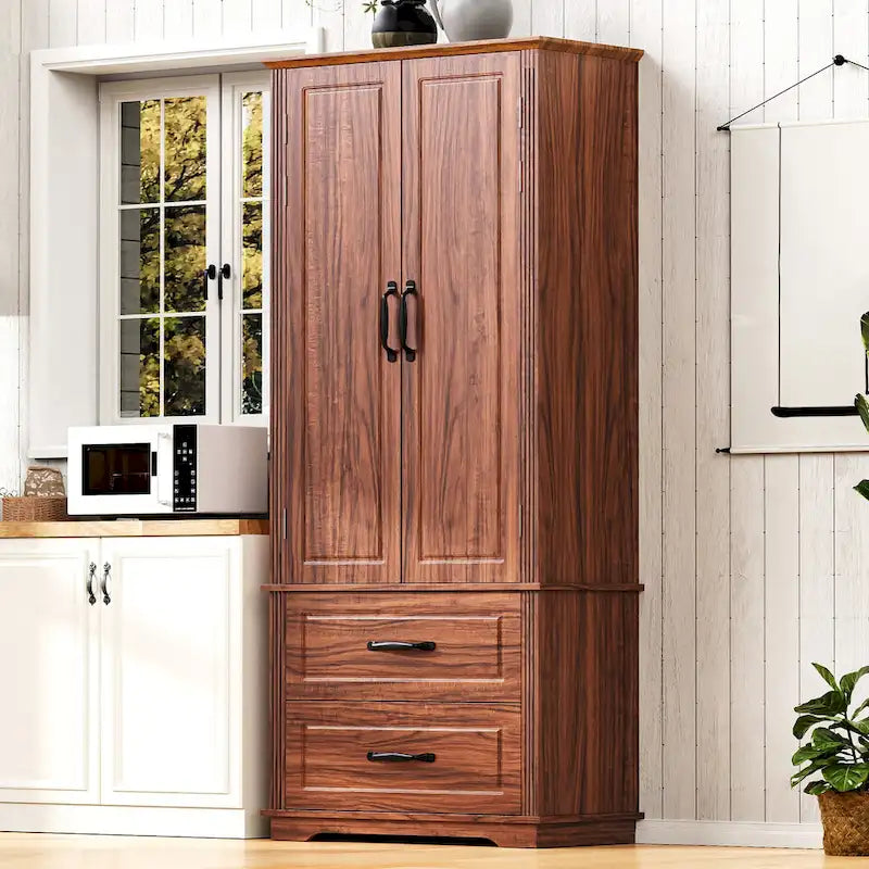 71 in. Tall Kitchen Pantry Cabinet with 2 Drawers 6 Compartments and Door Shelves