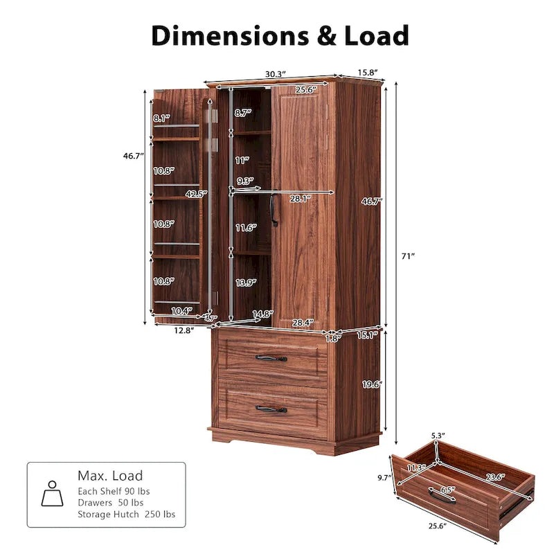 71 in. Tall Kitchen Pantry Cabinet with 2 Drawers 6 Compartments and Door Shelves