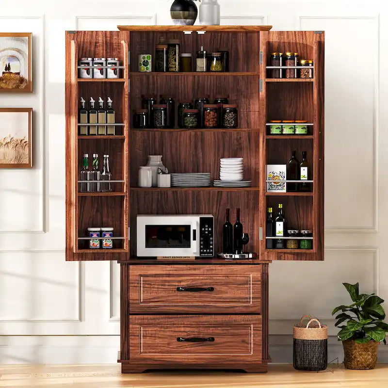 71 in. Tall Kitchen Pantry Cabinet with 2 Drawers 6 Compartments and Door Shelves