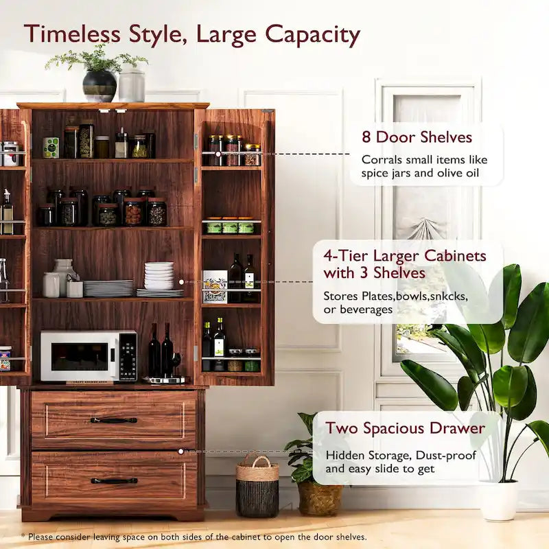 71 in. Tall Kitchen Pantry Cabinet with 2 Drawers 6 Compartments and Door Shelves