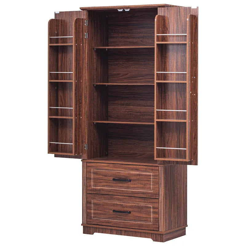 71 in. Tall Kitchen Pantry Cabinet with 2 Drawers 6 Compartments and Door Shelves