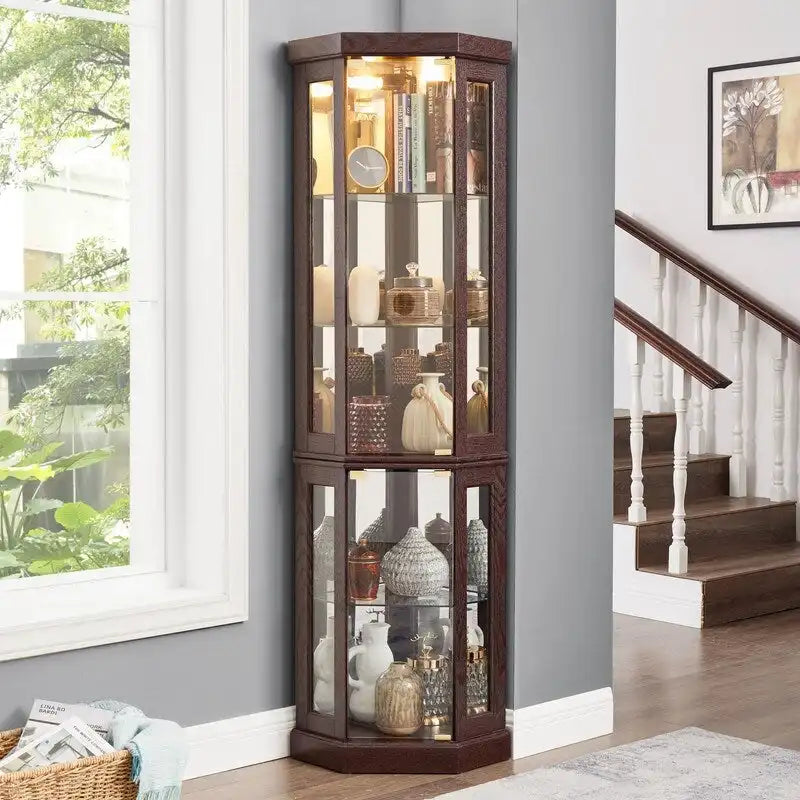 Corner Curio Display Cabinet with Built-In Lights and Glass Doors, 70 in.