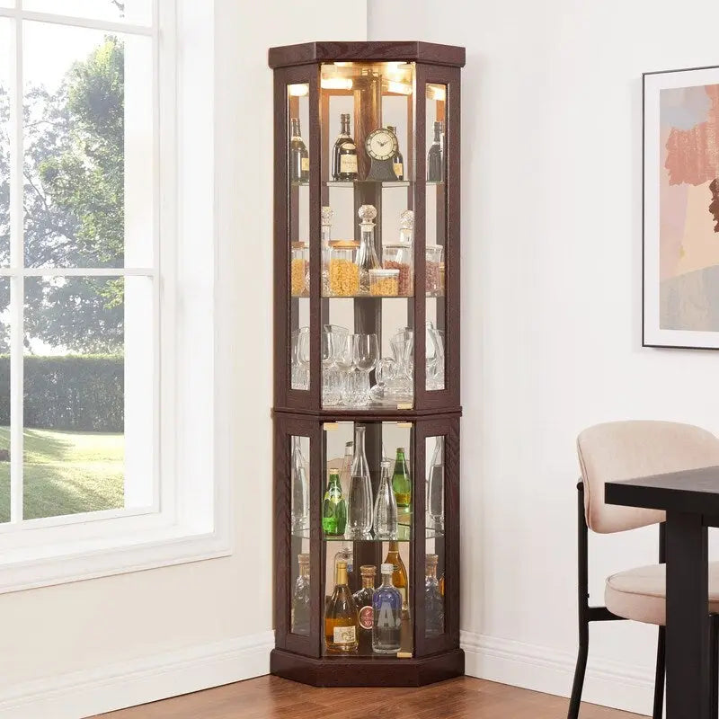 Corner Curio Display Cabinet with Built-In Lights and Glass Doors, 70 in.
