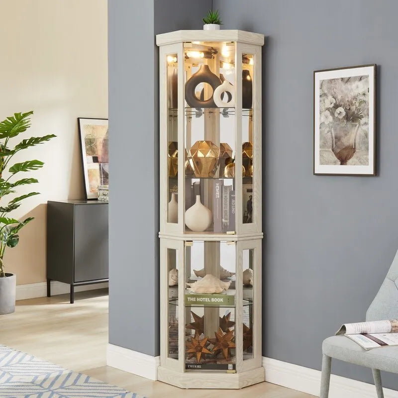 Corner Curio Display Cabinet with Built-In Lights and Glass Doors, 70 in.