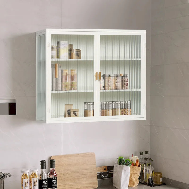 Wall Cabinet with Fluted Glass Doors and 3 Tier Storage for Entryway Living Room