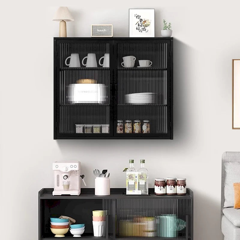 Wall Cabinet with Fluted Glass Doors and 3 Tier Storage for Entryway Living Room