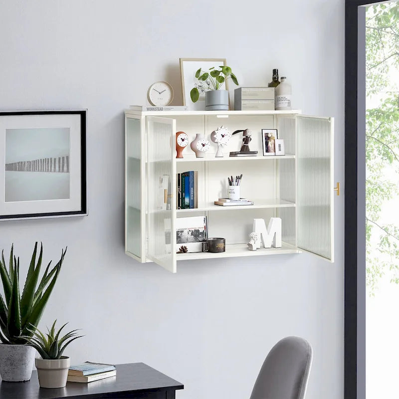 Wall Cabinet with Fluted Glass Doors and 3 Tier Storage for Entryway Living Room