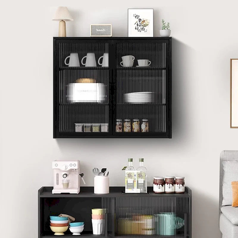 Wall Cabinet with Fluted Glass Doors and 3 Tier Storage for Entryway Living Room