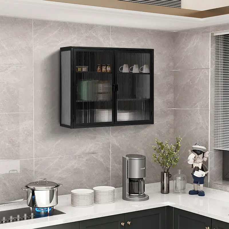 Wall Cabinet with Fluted Glass Doors and 3 Tier Storage for Entryway Living Room