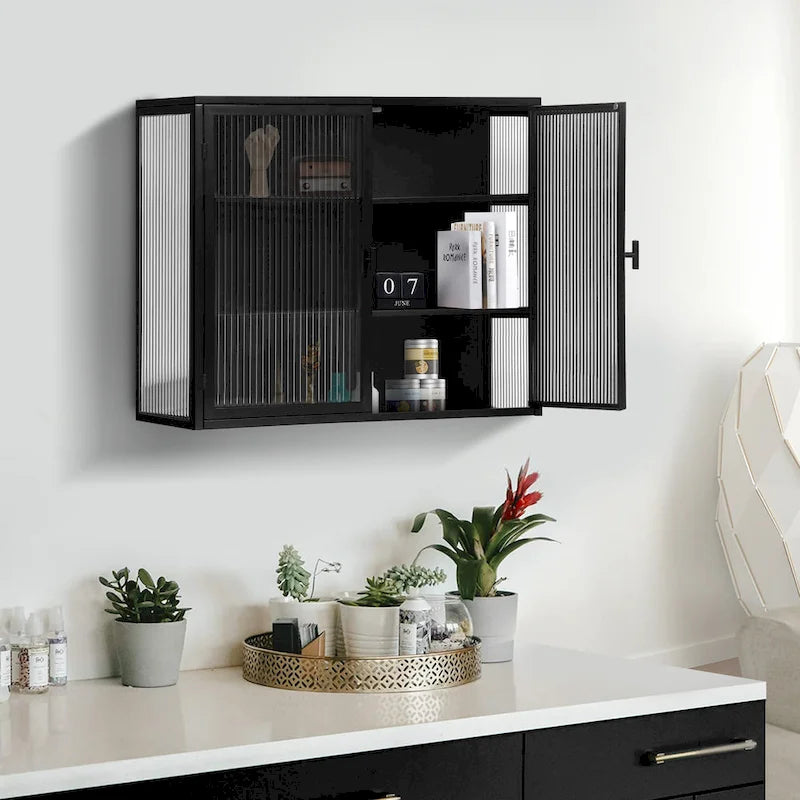Wall Cabinet with Fluted Glass Doors and 3 Tier Storage for Entryway Living Room