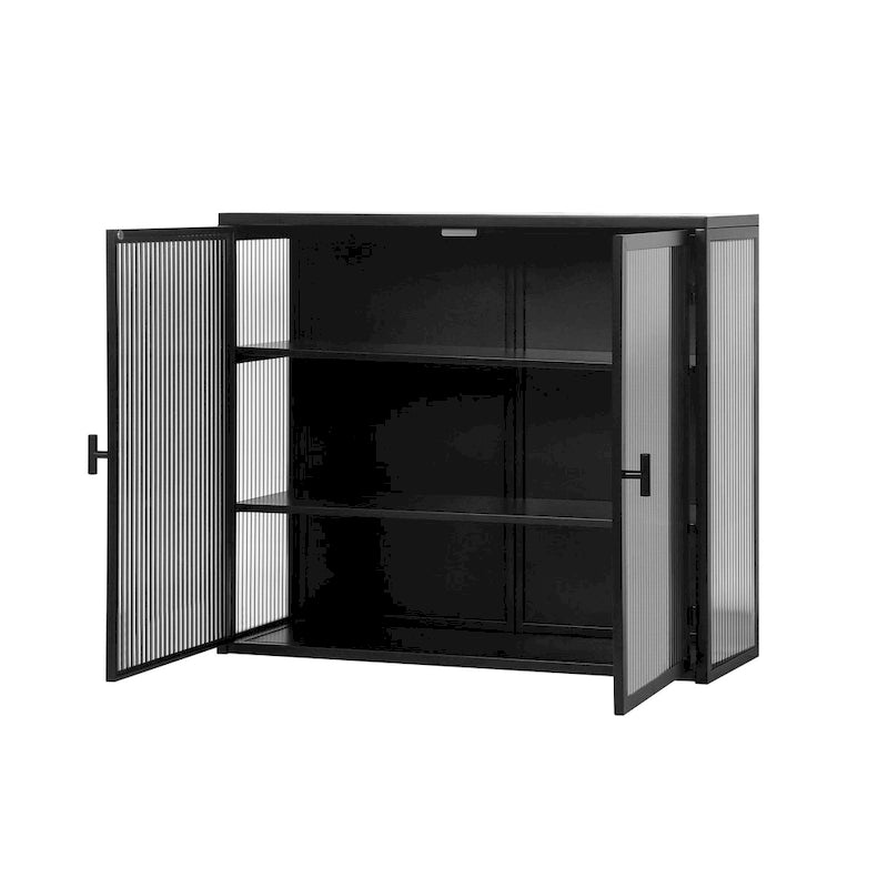 Wall Cabinet with Fluted Glass Doors and 3 Tier Storage for Entryway Living Room