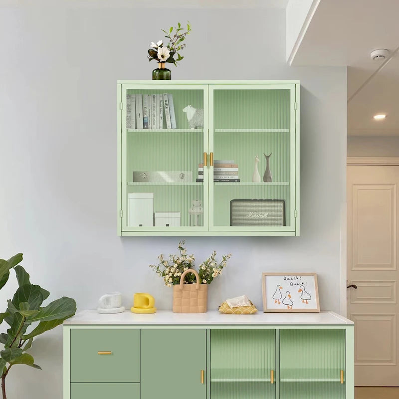 Wall Cabinet with Fluted Glass Doors and 3 Tier Storage for Entryway Living Room