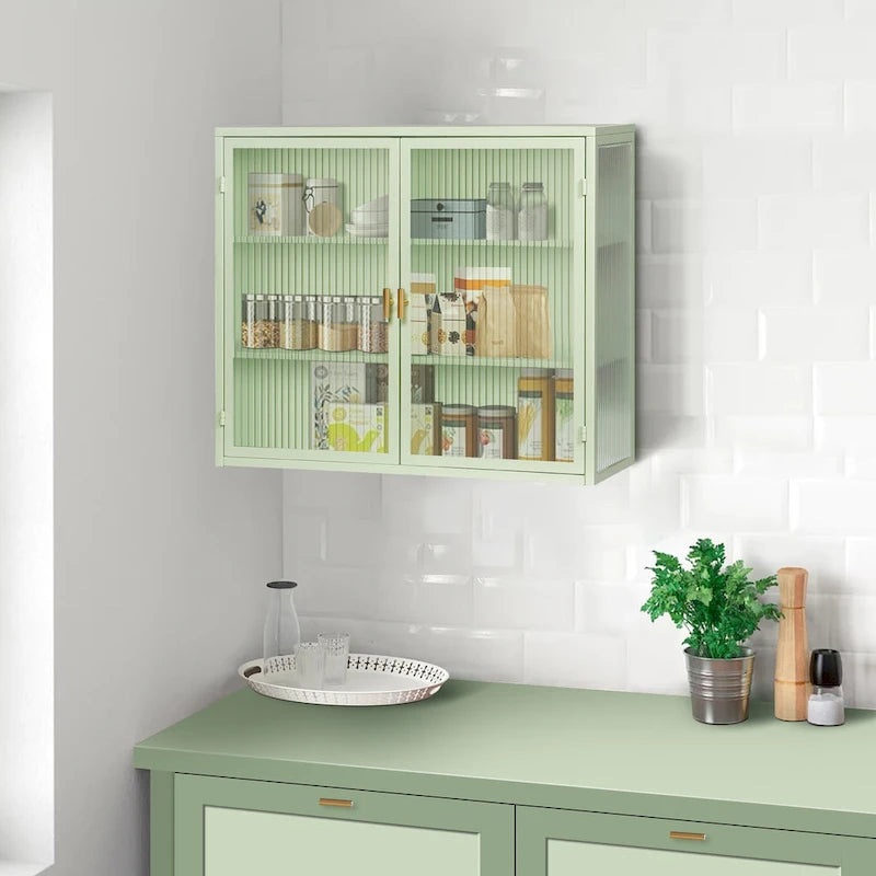 Wall Cabinet with Fluted Glass Doors and 3 Tier Storage for Entryway Living Room