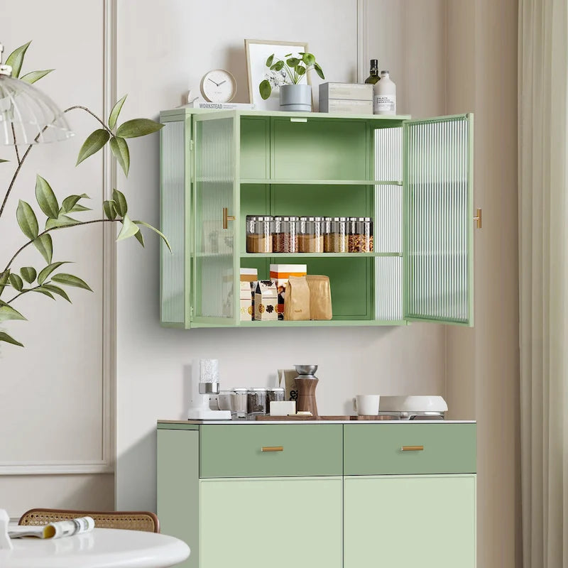 Wall Cabinet with Fluted Glass Doors and 3 Tier Storage for Entryway Living Room
