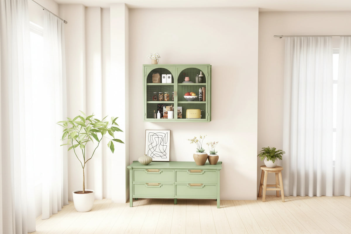 Modern Two-door Wall Cabinet with Glass Doors and Detachable Shelves for Entryway, Living Room, Bathroom