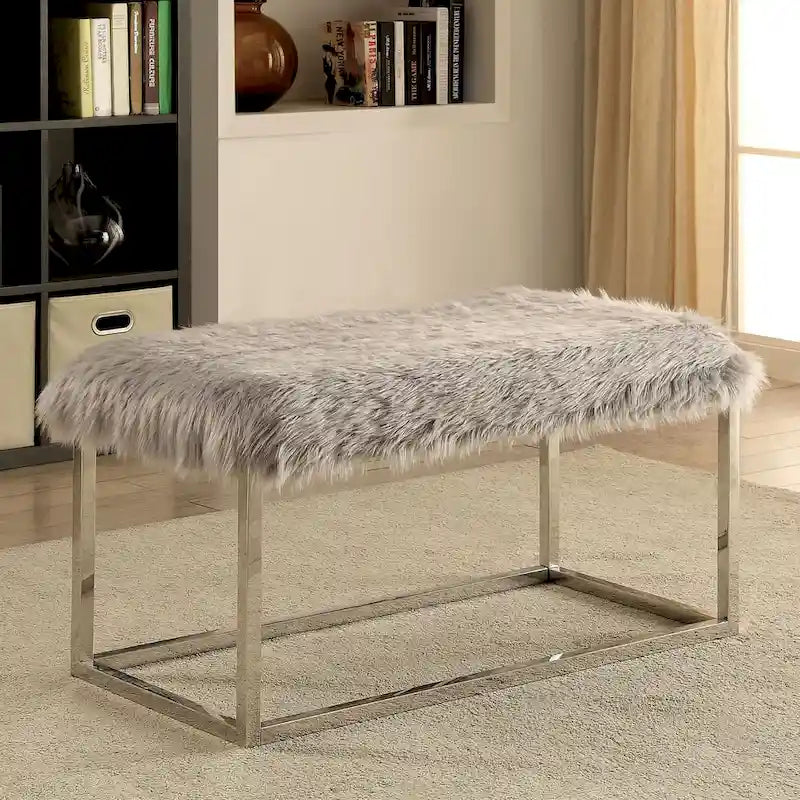 Contemporary Faux Fur Accent Bench with Chrome Frame, 40 in., 200 lbs Capacity