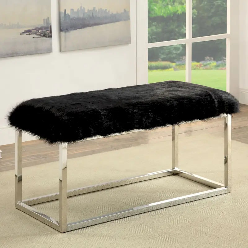 Contemporary Faux Fur Accent Bench with Chrome Frame, 40 in., 200 lbs Capacity