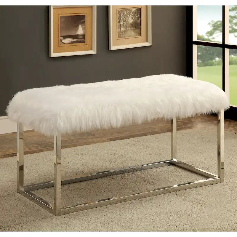 Contemporary Faux Fur Accent Bench with Chrome Frame, 40 in., 200 lbs Capacity