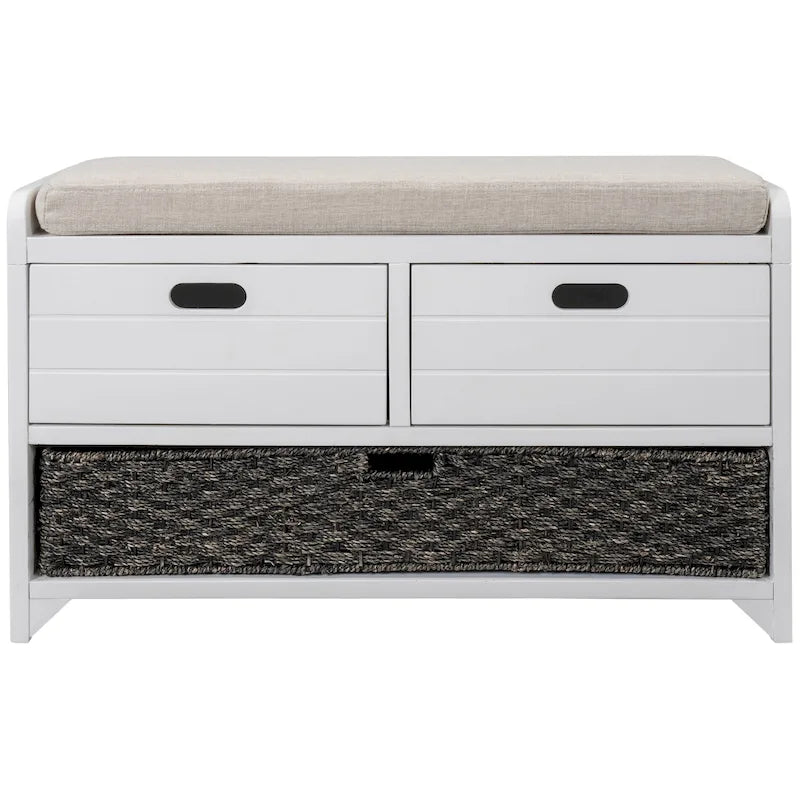 Acacia Wood Storage Bench with Removable Basket, 2 Drawers and Cushion, 32 in.
