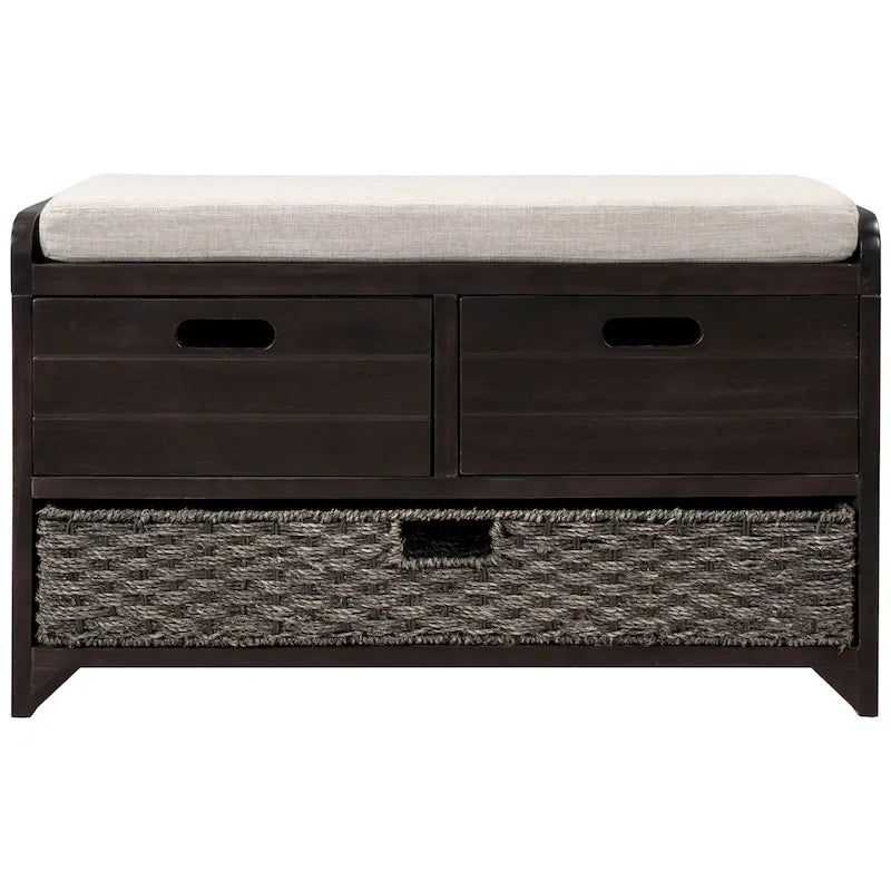 Acacia Wood Storage Bench with Removable Basket, 2 Drawers and Cushion, 32 in.
