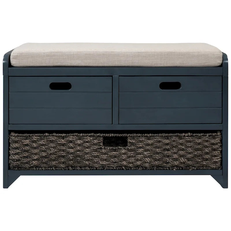 Acacia Wood Storage Bench with Removable Basket, 2 Drawers and Cushion, 32 in.