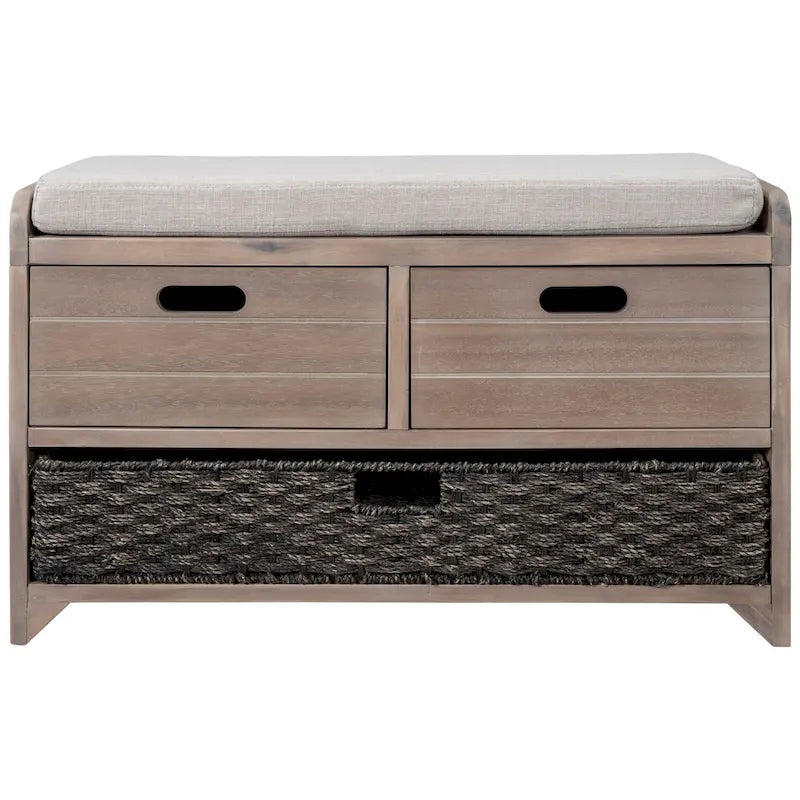 Acacia Wood Storage Bench with Removable Basket, 2 Drawers and Cushion, 32 in.