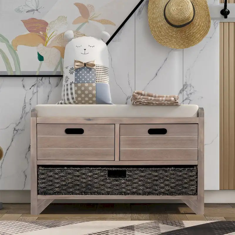 Acacia Wood Storage Bench with Removable Basket, 2 Drawers and Cushion, 32 in.