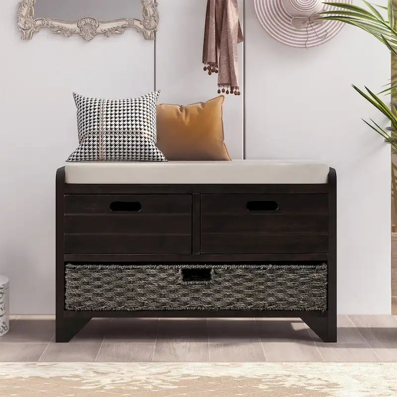 Acacia Wood Storage Bench with Removable Basket, 2 Drawers and Cushion, 32 in.
