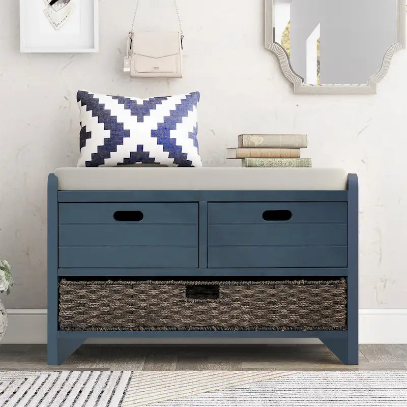 Acacia Wood Storage Bench with Removable Basket, 2 Drawers and Cushion, 32 in.