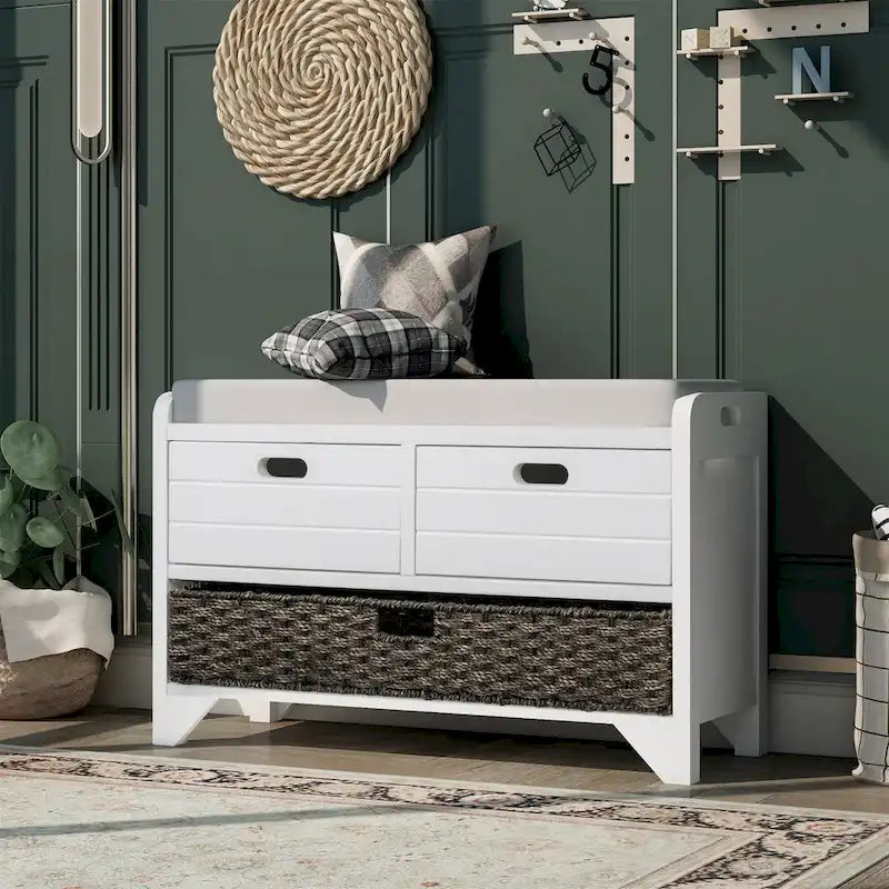 Acacia Wood Storage Bench with Removable Basket, 2 Drawers and Cushion, 32 in.
